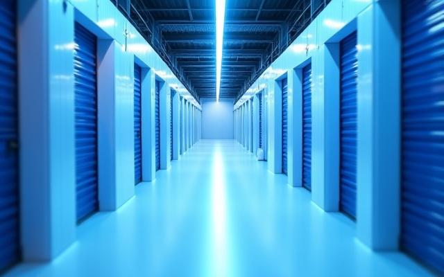 Modernios sandėliavimo patalpos su įranga ir apšvietimu, vaizduojančios švarą ir saugumą