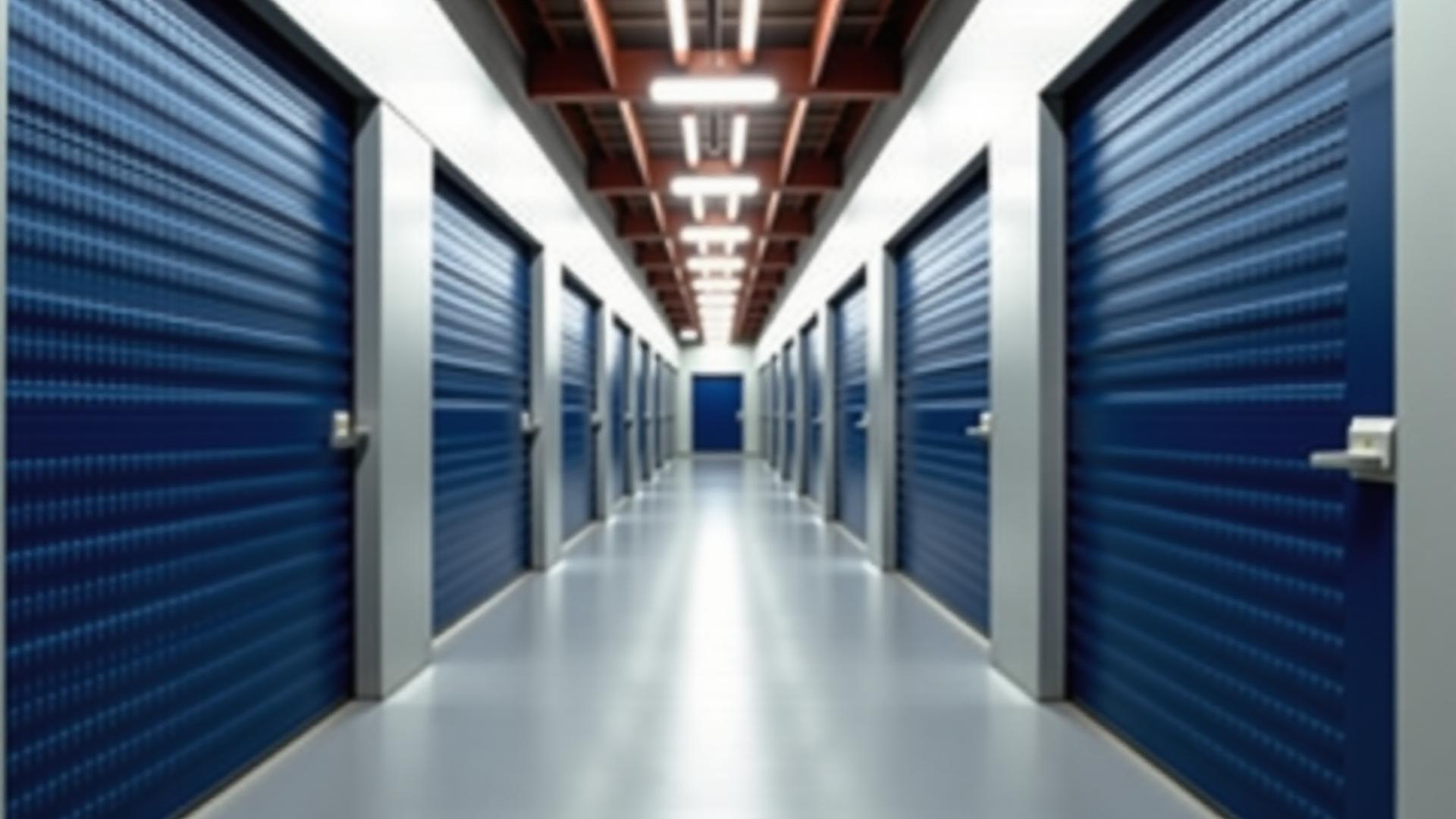 Modernios, švarios sandėliavimo patalpos su ilgomis eilėmis ir ryškiu apšvietimu.