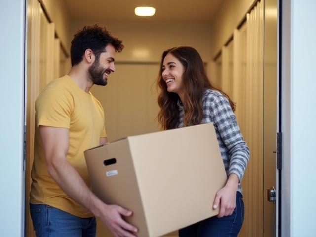 Šeima kraustosi į naujus namus, išsinešdama dėžes iš sandėliuko.