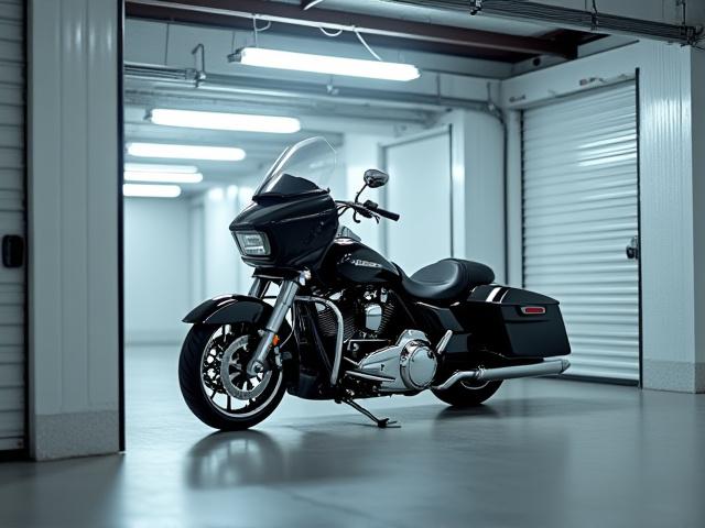 Motociklas saugiai laikomas švarioje, apšviestoje sandėliavimo patalpoje.