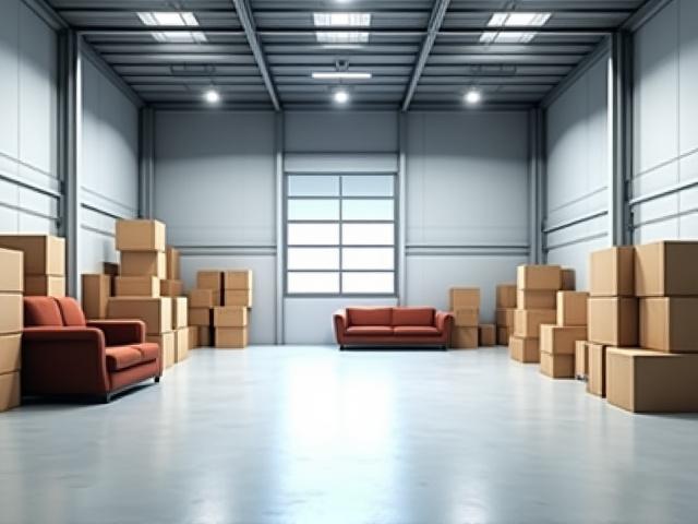Didelė sandėliavimo patalpa su plačiu praėjimu, skirta baldams ir dėžėms.“ width=