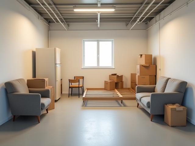 Vidutinė sandėliavimo patalpos, kurioje telpa buto baldai.