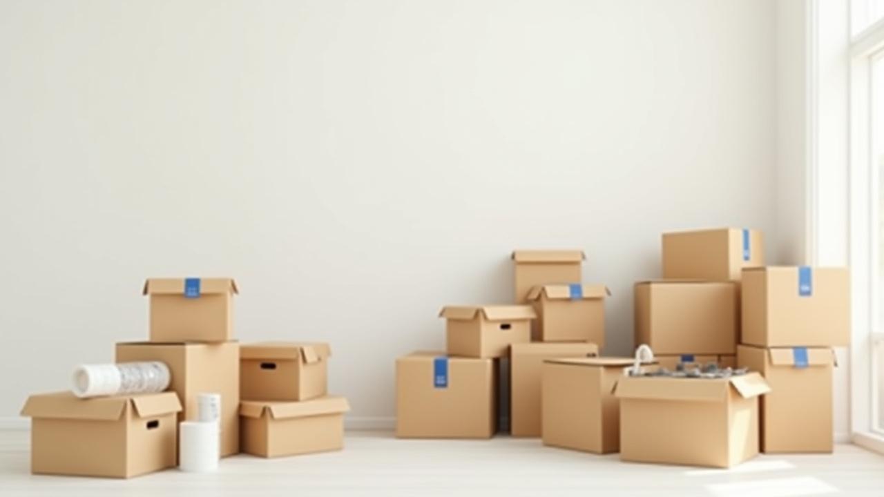 Tvarkingai sudėtos pakavimo dėžės, burbulinė plėvelė ir pakavimo medžiagos, paruoštos kraustymui. Švarus ir organizuotas vaizdas.