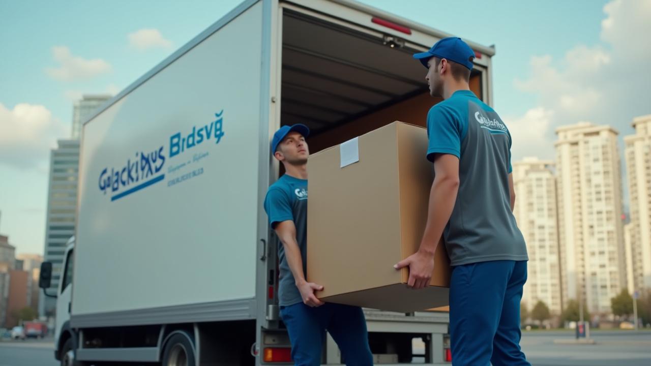 Du profesionalūs krovėjai tvarkingai neša didelę dėžę į sunkvežimį. Fone - šiuolaikinis miestas.