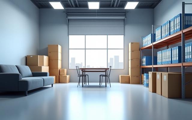 L dydžio sandėliavimo patalpa su dideliais baldais ir verslo prekėmis