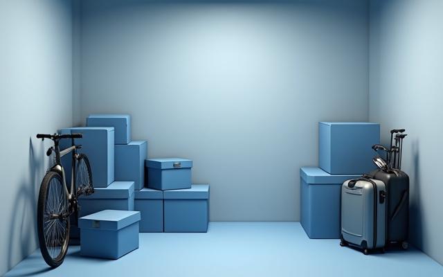 S dydžio sandėliavimo patalpa su dėžėmis ir dviračiu