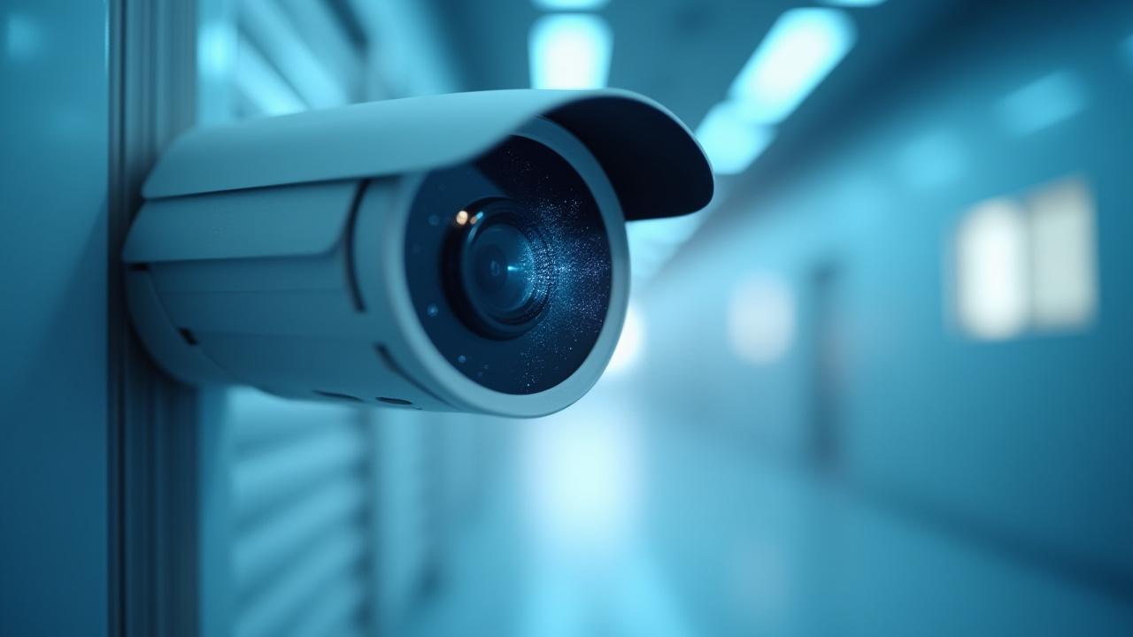 Aukštos raiškos apsaugos kameros objektyvas, simbolizuojantis nuolatinį stebėjimą ir patalpų apsaugą.