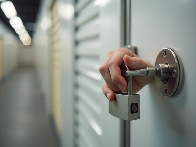 Rankos rakinančios sandėliuko duris su asmenine spyna, pabrėžiančios individualią kontrolę.