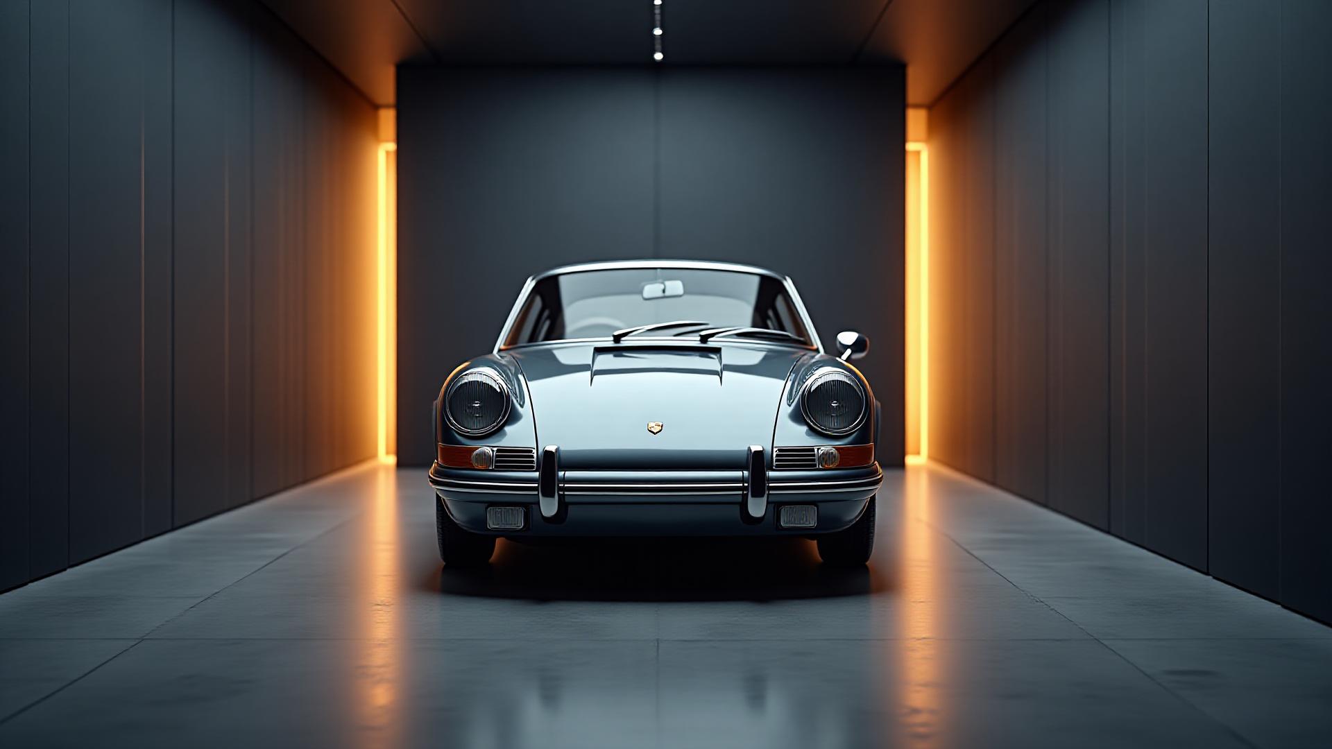 Klasikinis automobilis švarioje, gerai apšviestoje sandėliavimo patalpoje