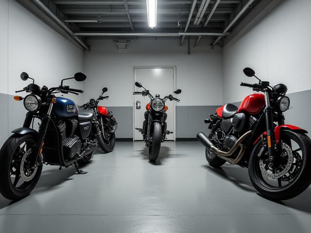 Švarioje, apsaugotoje patalpoje stovintys motociklai