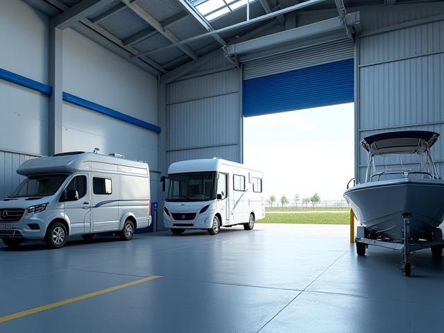 Didelis kemperis ir laivas stovintys erdvioje sandėliavimo aikštelėje