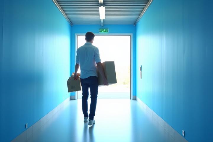 Žmogus neša dėžę į modernų, švarų sandėliuką, simbolizuojantį paprastą ir patogų laikiną daiktų saugojimą kraustymosi ar remonto metu.