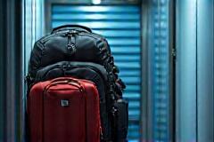 Kelionės ir komandiruotės scenarijus, rodantis lagaminus ir asmeninius daiktus saugomus sandėlyje išvykus ilgesniam laikui.