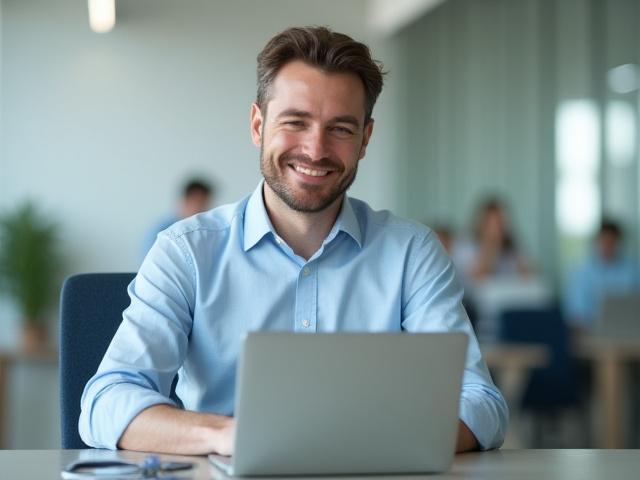 Patenkintas jaunas verslininkas, šypsodamasis sėkmingam sandoriui ar optimizuotam procesui savo nešiojamajame kompiuteryje, biuro aplinkoje.